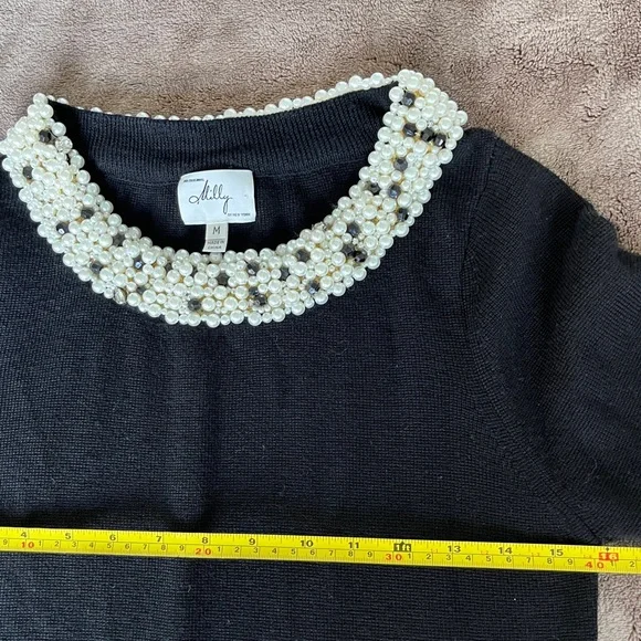 MILLY Women's Black Knit Pearl Trim Dress sz M - Picture 7 of 12